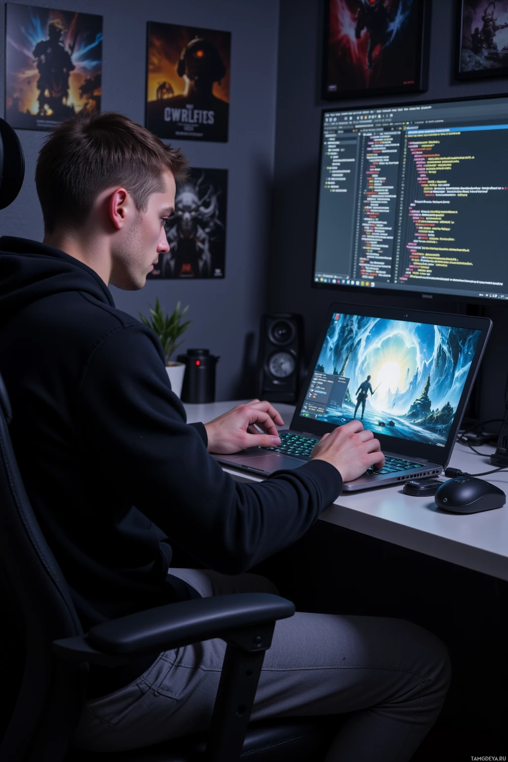A person is sitting at a desk, working on a laptop with a code editor open on the screen.