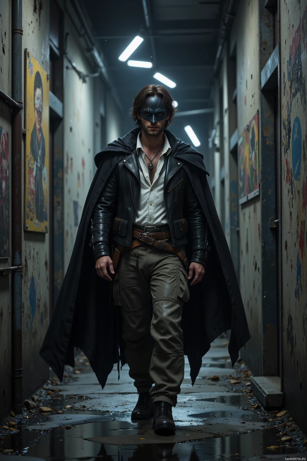 A man in a dark cloak and utility belt walks down a dimly lit, narrow alleyway.