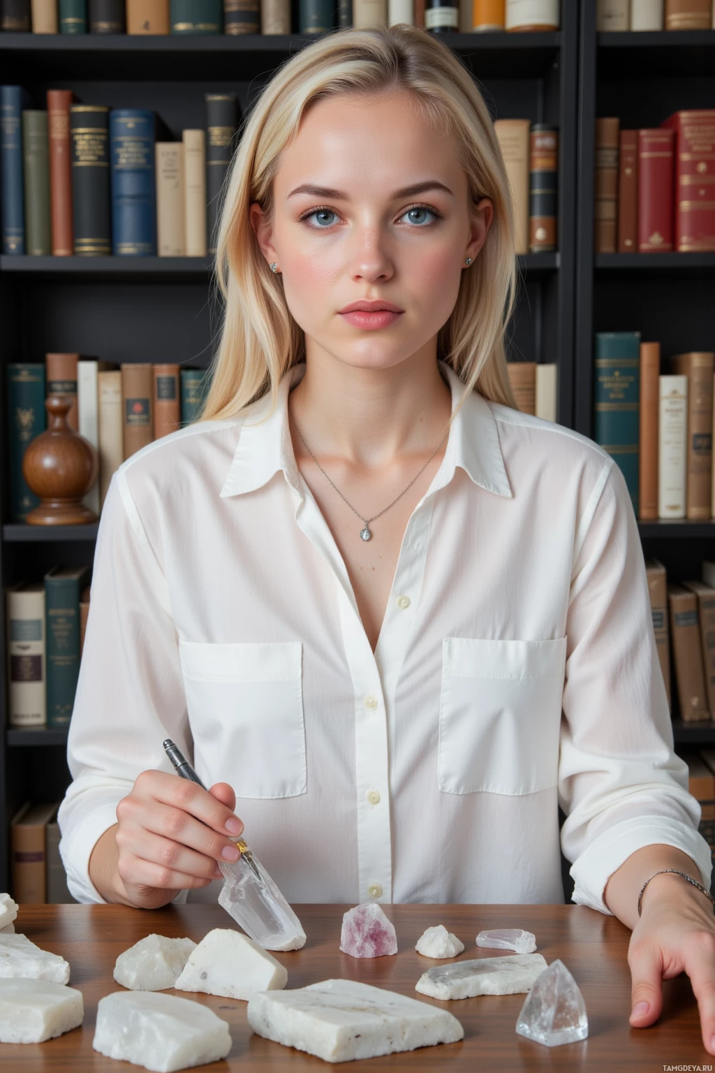 A person in a white shirt is seated at a table with various rocks and minerals.