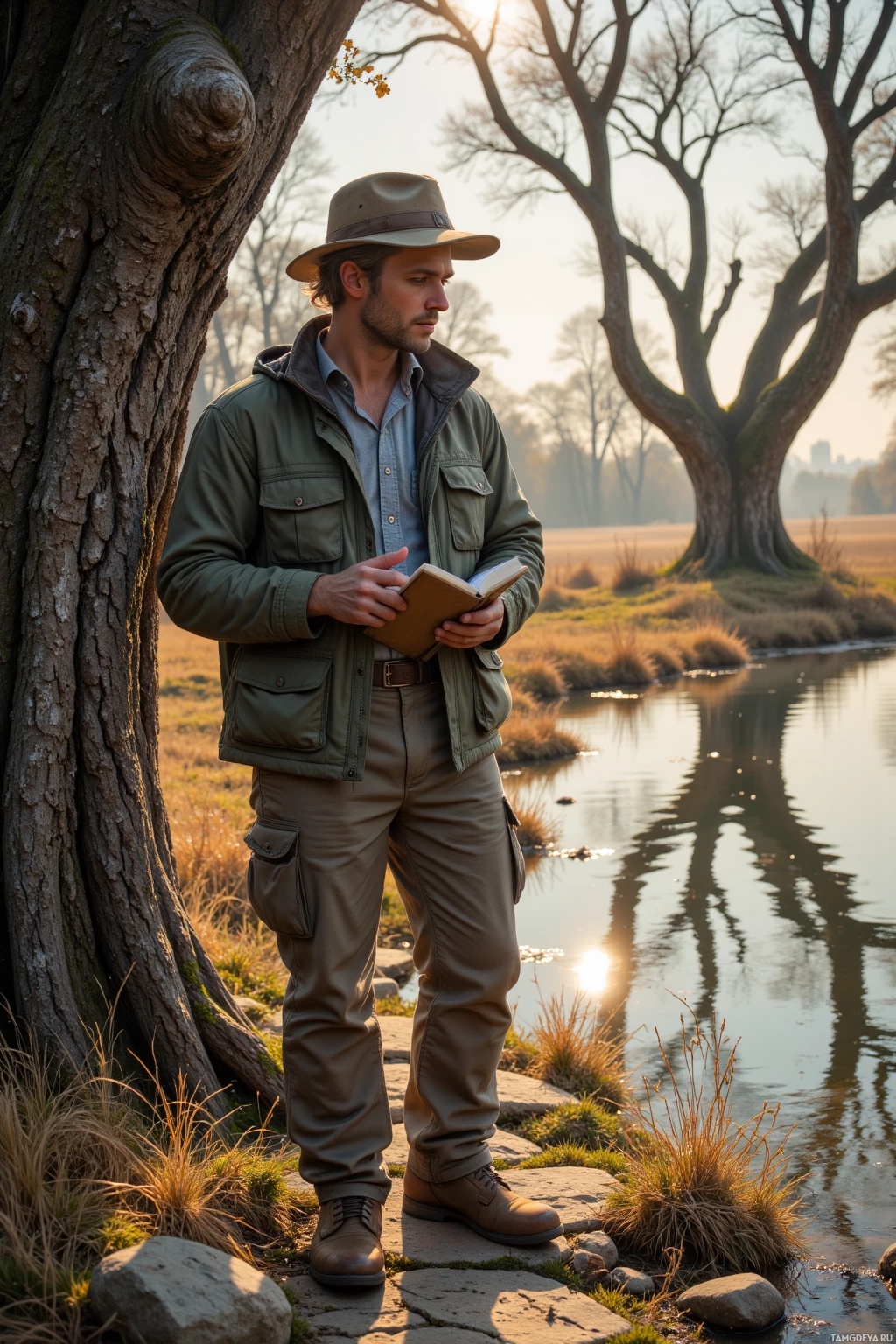 A man stands by a riverbank, holding a book, dressed in outdoor attire, with trees and sunlight in the background.