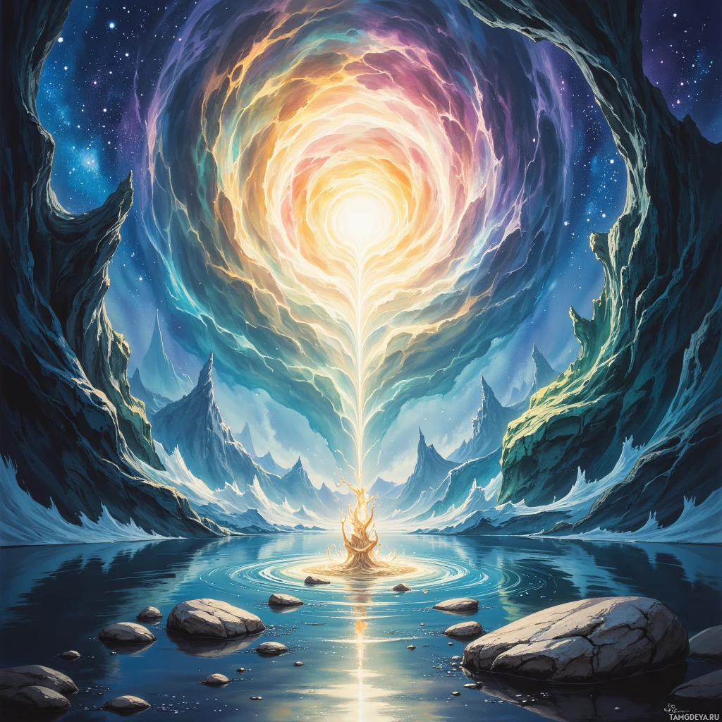 A vibrant, cosmic scene featuring a glowing portal surrounded by rocky cliffs and a reflective pool of water.