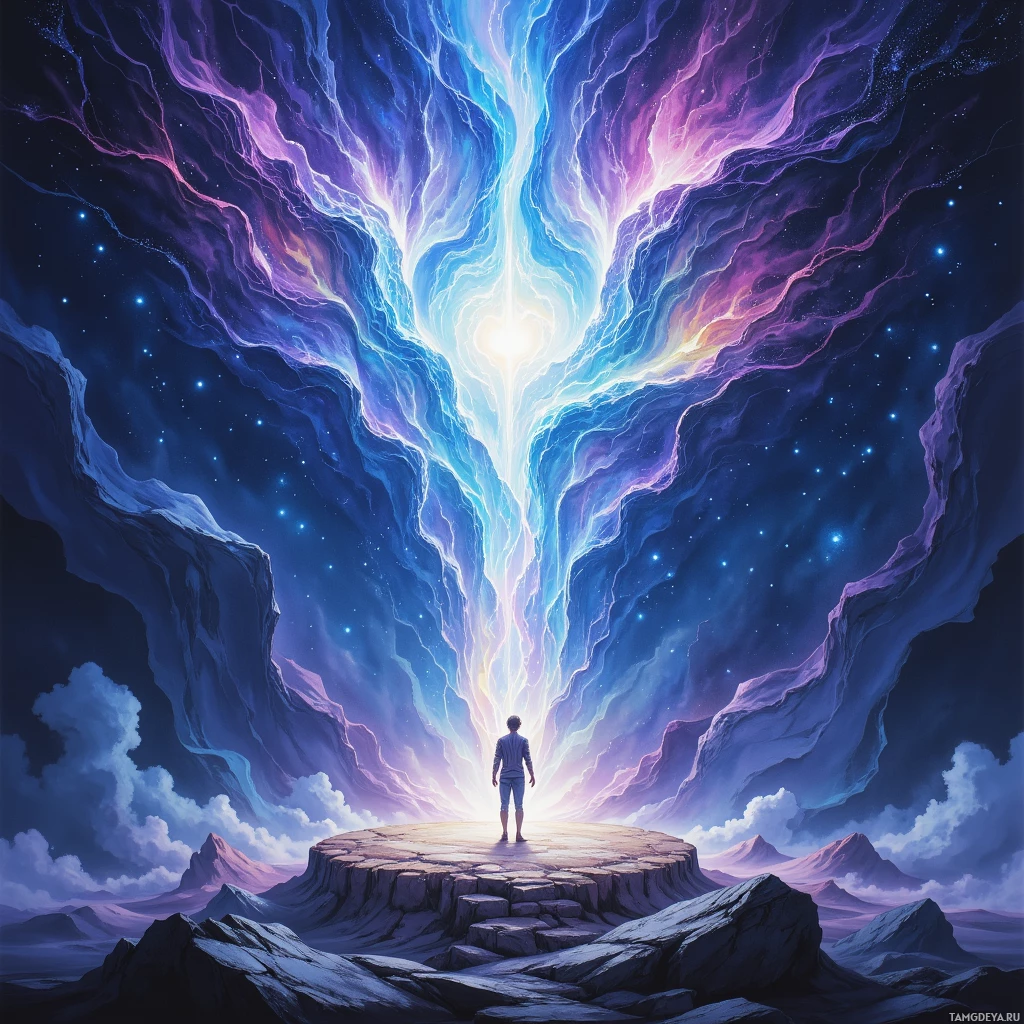 A person stands on a rocky platform beneath a cosmic sky, gazing upward at a radiant, ethereal light.