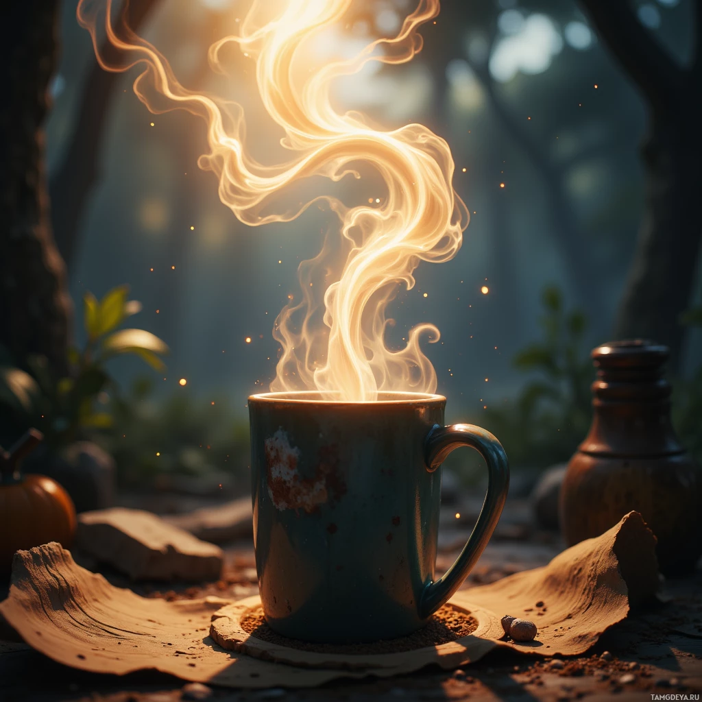 A steaming mug of coffee sits on a leaf in a forest setting.