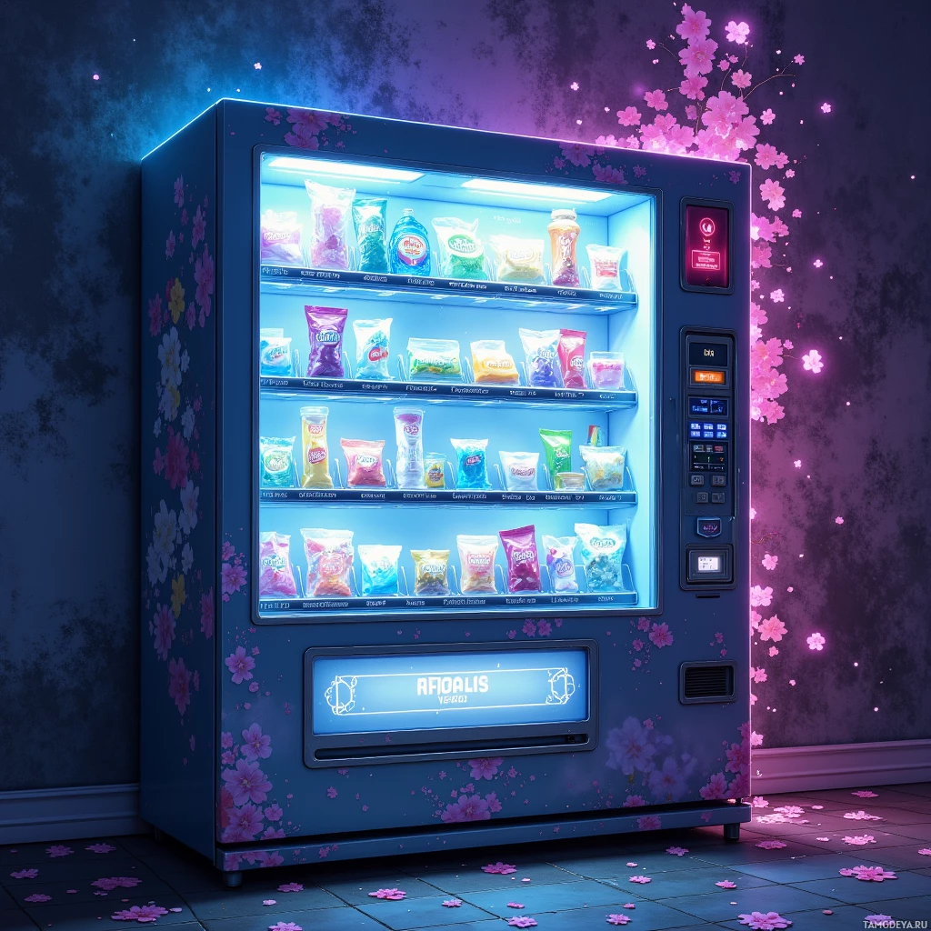 A vending machine adorned with floral patterns dispenses colorful snacks and drinks.