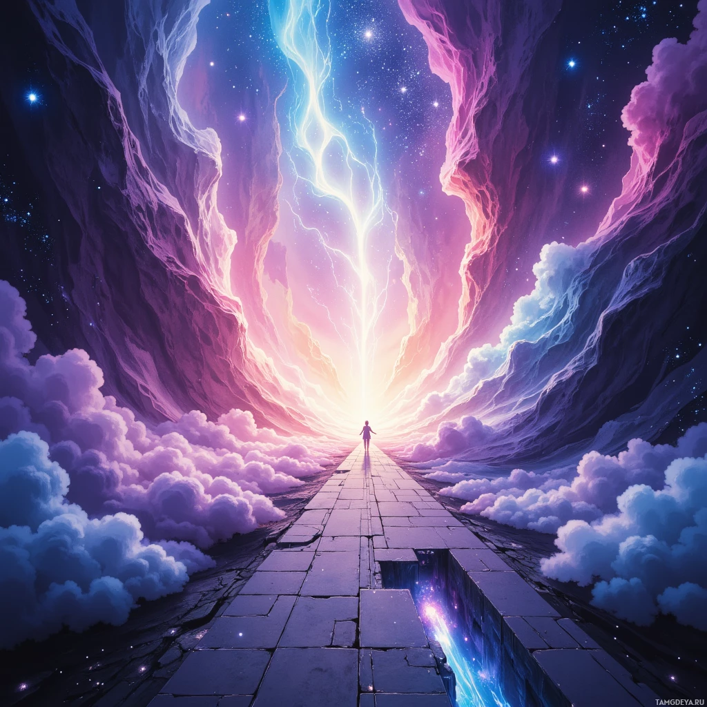 A person stands at the end of a glowing path leading through a cosmic tunnel of clouds and stars.