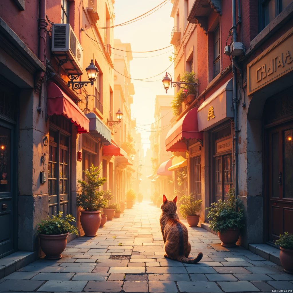 A cat sits on a cobblestone street in a sunlit alleyway lined with shops and potted plants.