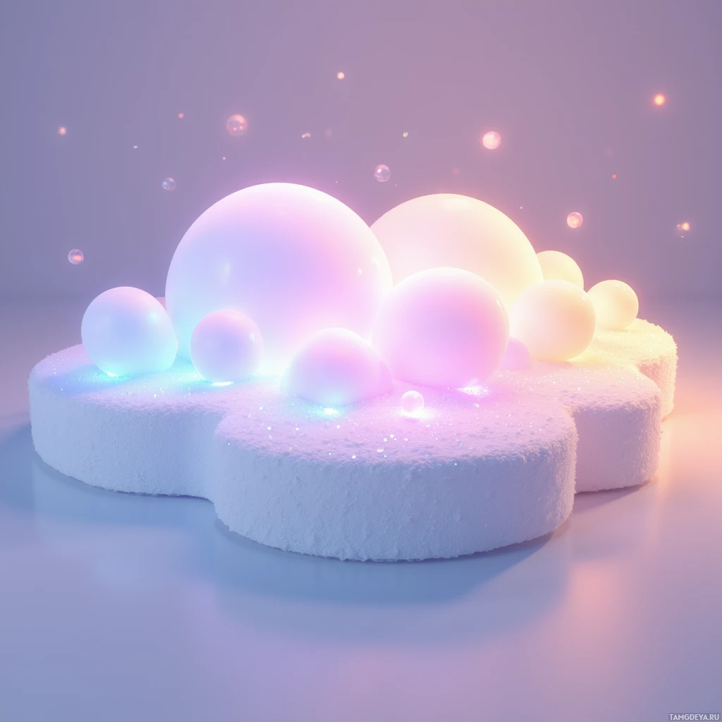 A soft, pastel-colored scene featuring glowing spheres resting on a textured surface with a gradient background.