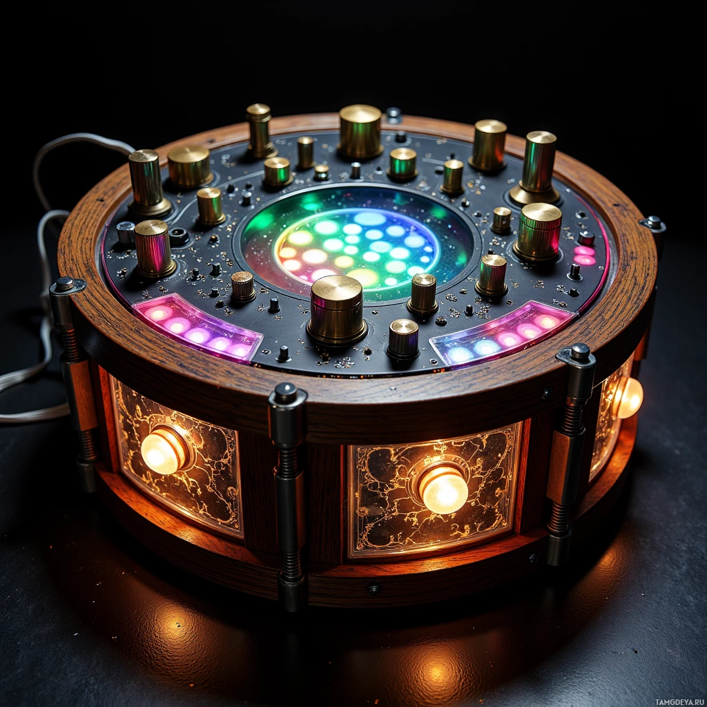 A circular device with illuminated buttons and dials, set against a dark background.