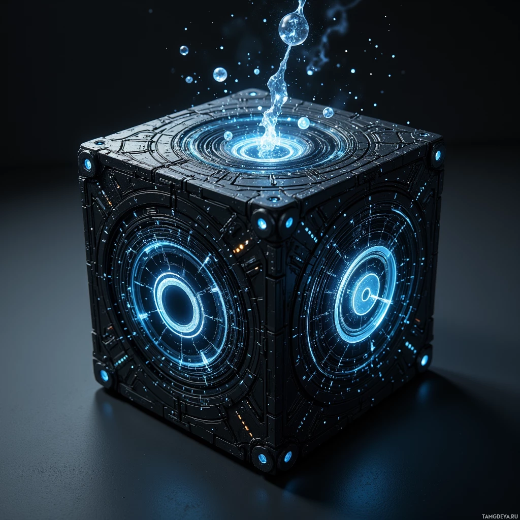A futuristic, glowing blue cube with intricate designs and a central light effect.