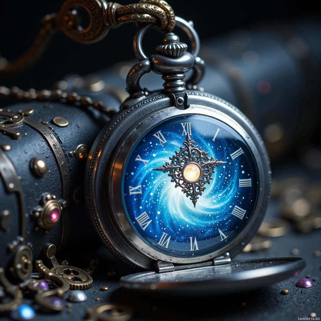 A pocket watch with a celestial-themed face and intricate details.