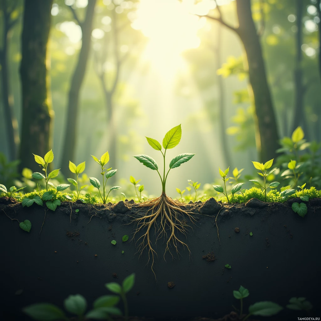 A close-up of a forest floor with young plants and moss, bathed in sunlight filtering through trees.