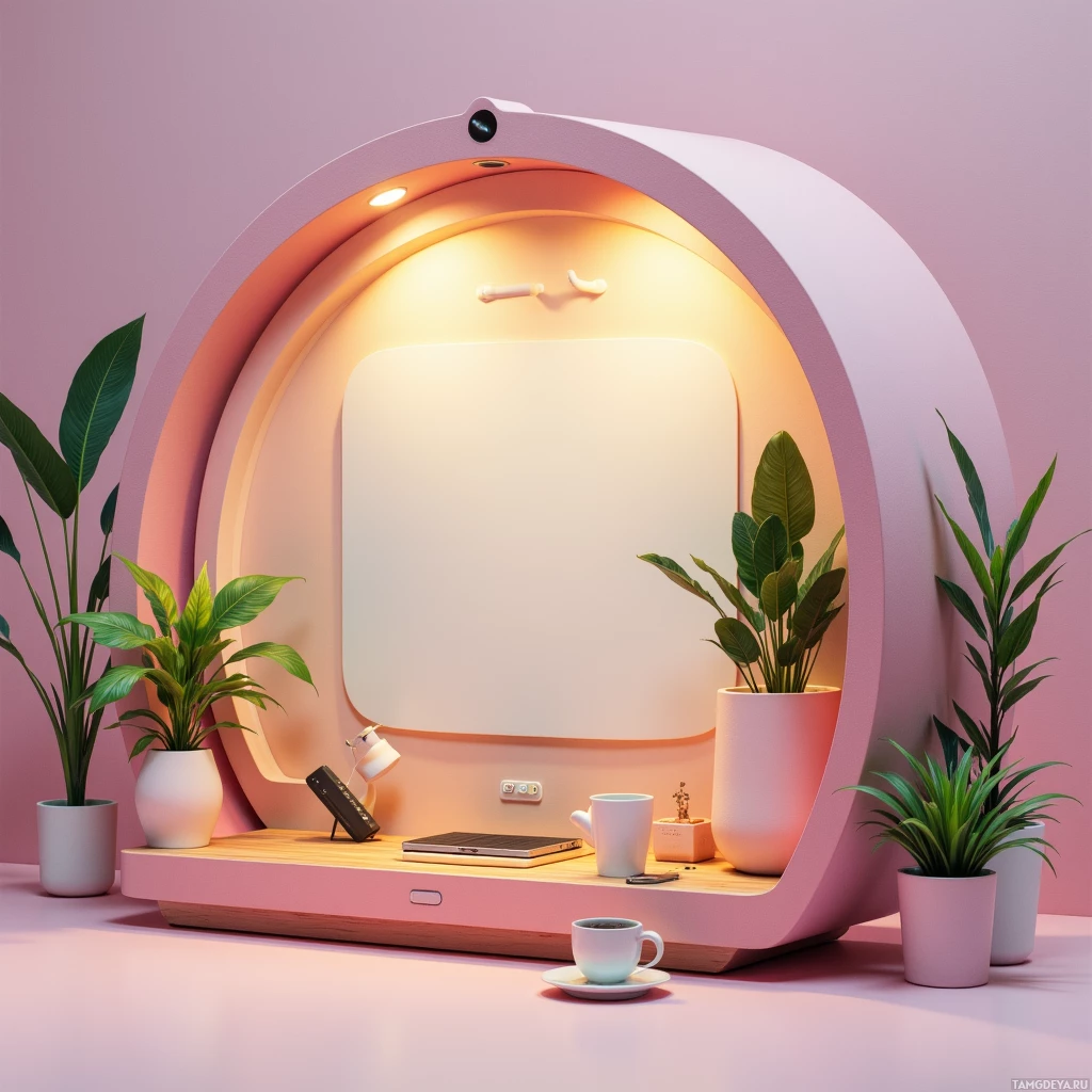 A cozy workspace with a laptop, coffee cup, and potted plants in a soft, pastel-colored setting.