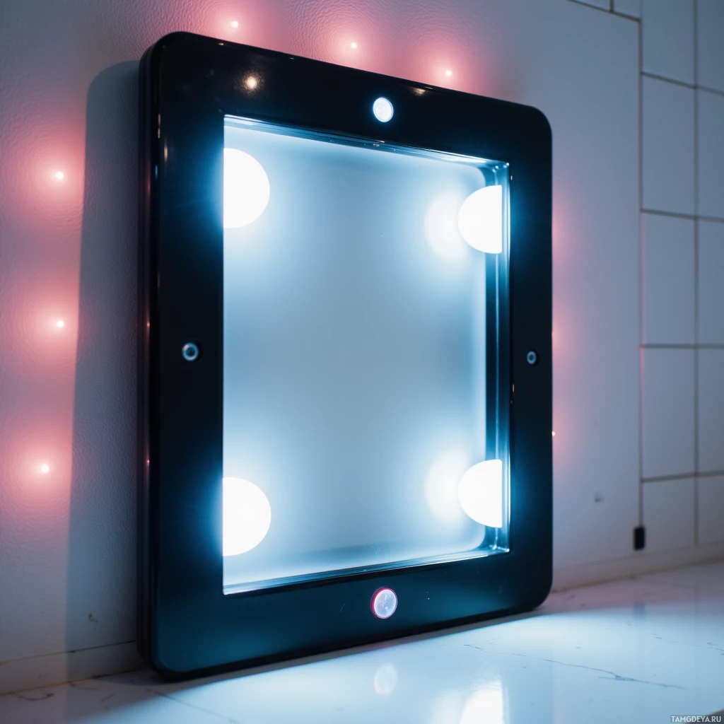 A square mirror with illuminated lights around its frame is mounted on a tiled wall.
