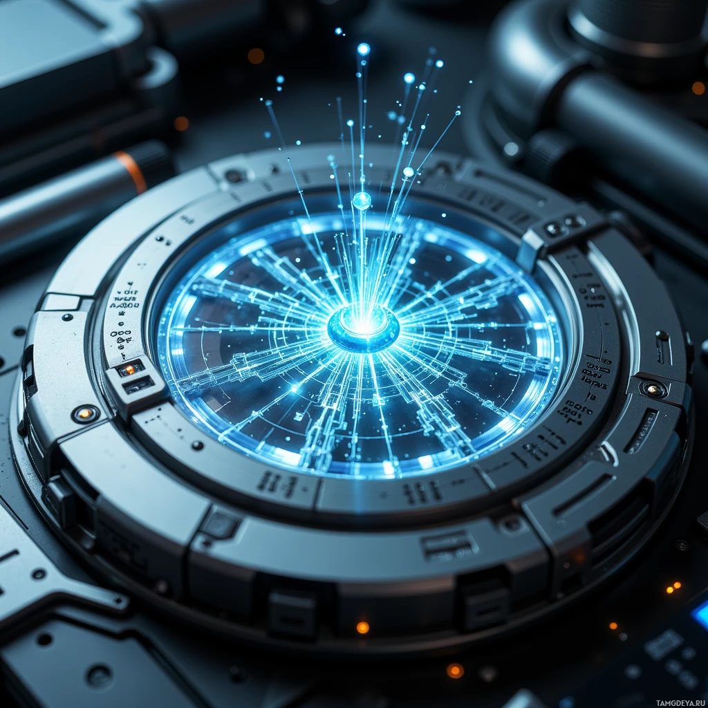 A futuristic circular device with glowing blue light and intricate design elements.