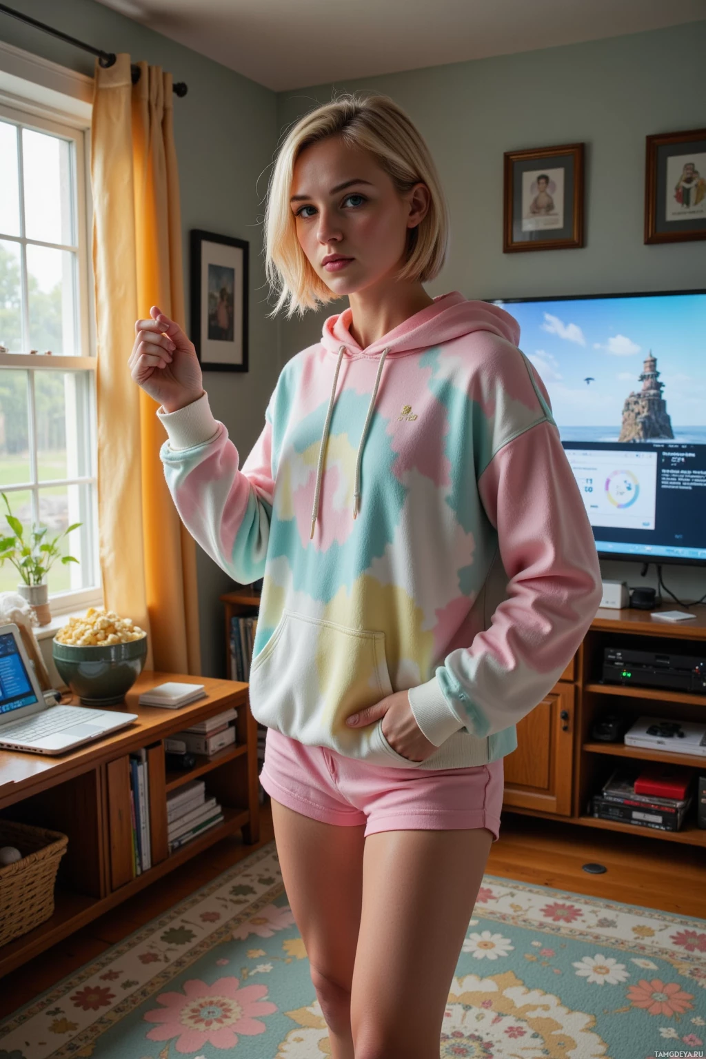 Realistic high quality photo. A 22‑year‑old woman with short blonde hair, blue eyes, pale skin, wearing an oversized pastel hoodie and soft lounge shorts, mid‑dance in her cluttered living room, surrounded by a large monitor streaming an overlay, a tablet showing a spreadsheet tally, a snack station piled with popcorn, and a flickering Wi‑Fi glitch icon on the screen, sunlight filtering through a nearby window.