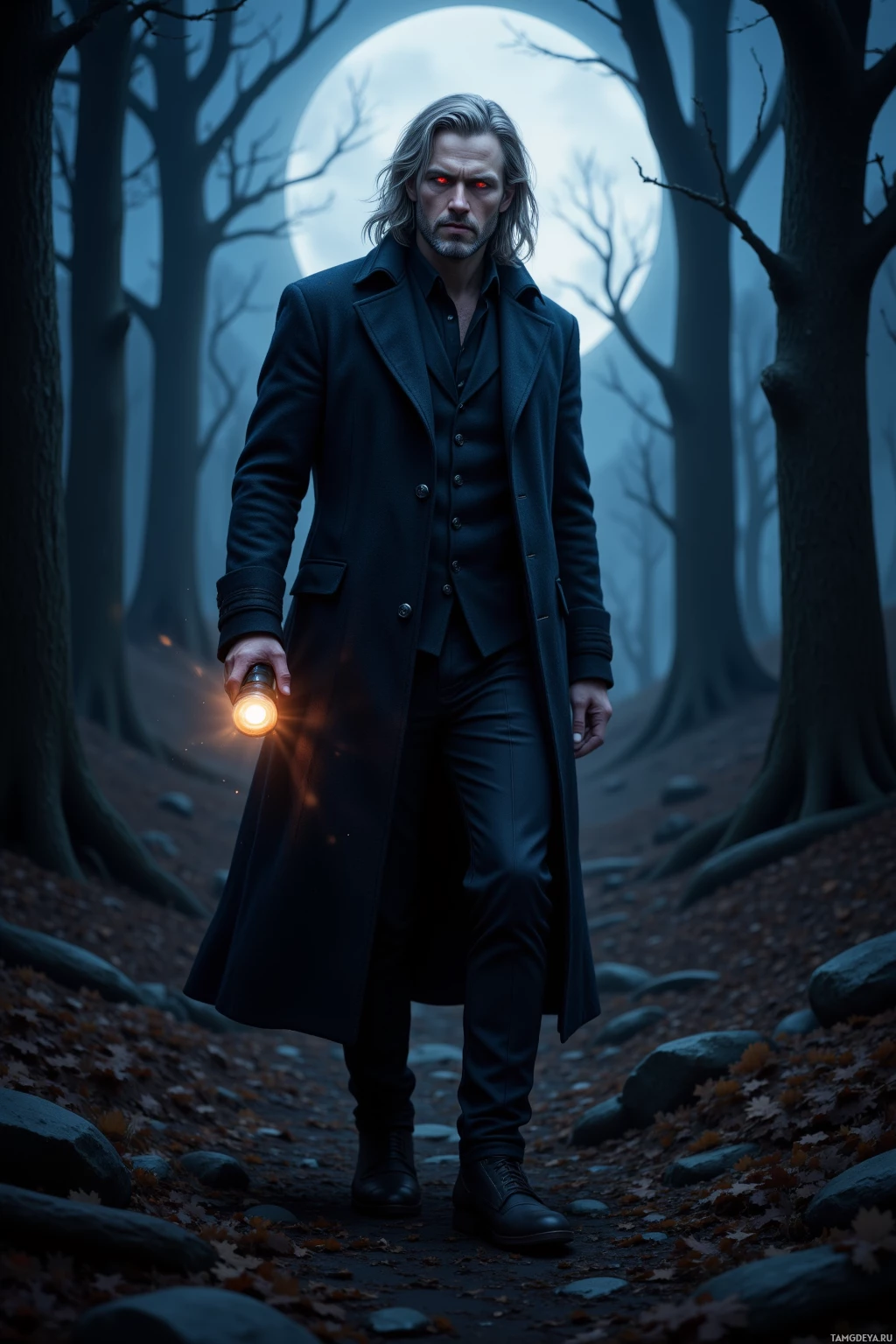 Realistic high quality photo. A tall, 34‑year‑old man with long silver hair and striking red eyes, wearing a dark tailored coat, walking alone at midnight through a moonlit forest, flashlight flickering in his hand against a dramatic night sky, surrounded by deep shadows, his expression pensive and enigmatic.