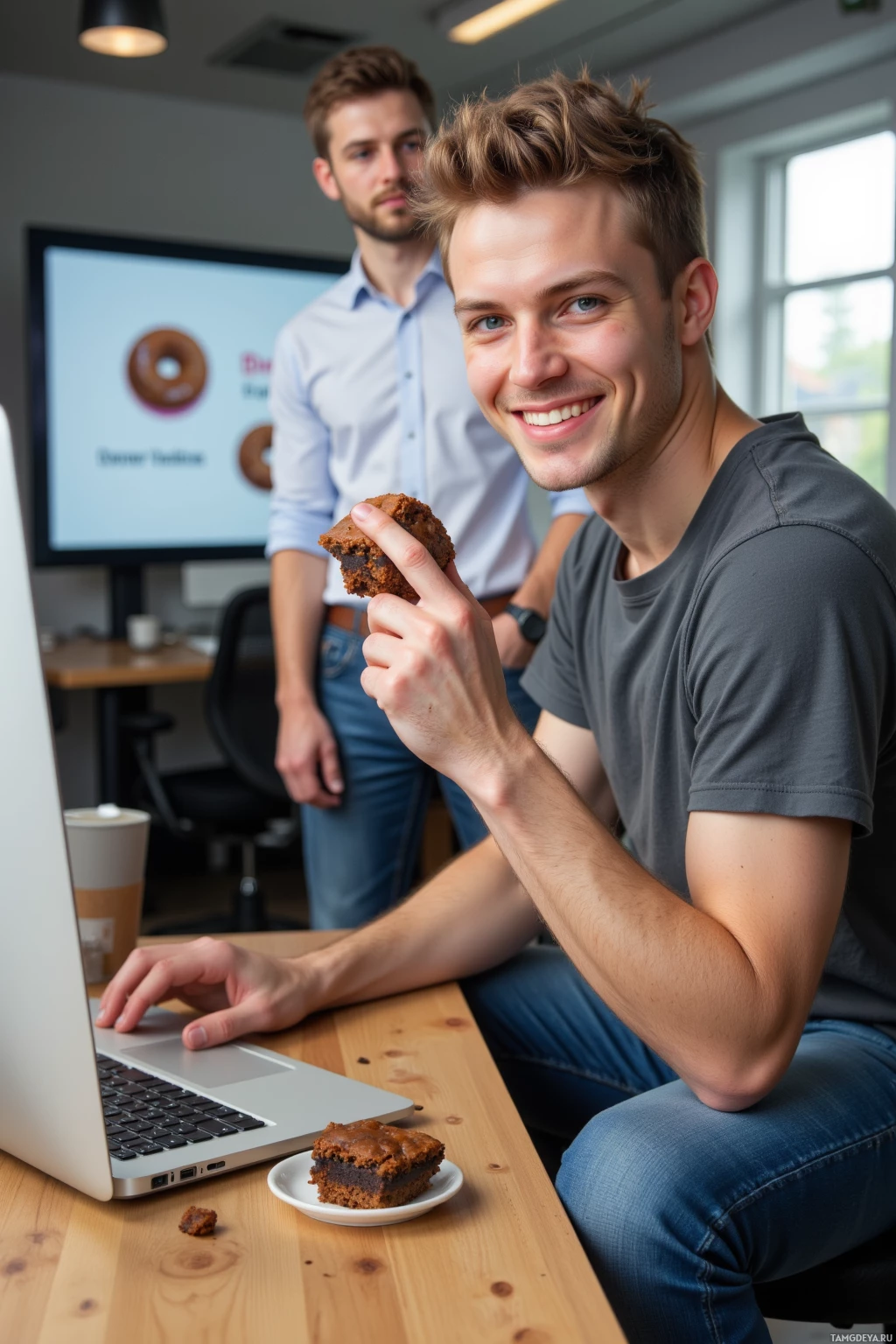 Realistic high quality photo. Man, 22, messy light brown hair, bright blue eyes, pale skin, wearing a t‑shirt and relaxed jeans, sits at a modern office desk, half‑eaten brownie in hand, grinning mischievously while pointing at a computer screen showing a PowerPoint slide with a dancing donut GIF, an oblivious manager standing behind him.