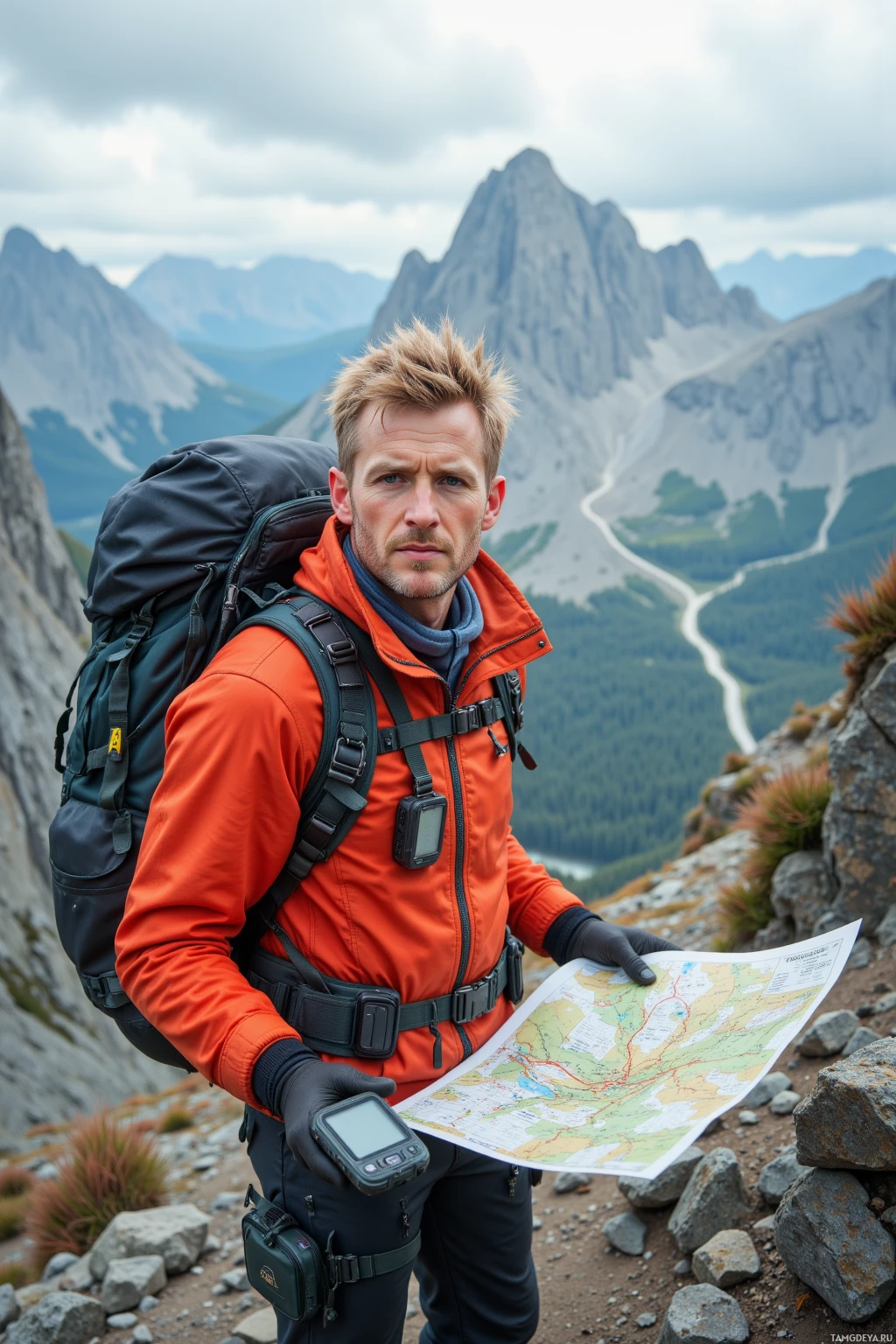 Realistic high quality photo. A 35‑year‑old man with short blonde hair, blue eyes, pale skin, wearing rugged climbing gear and gloves, stands on a windy mountain ridge with a zigzag trail, holding a GPS device and reviewing a trail map, surrounded by rocky terrain and a cloudy midday sky.