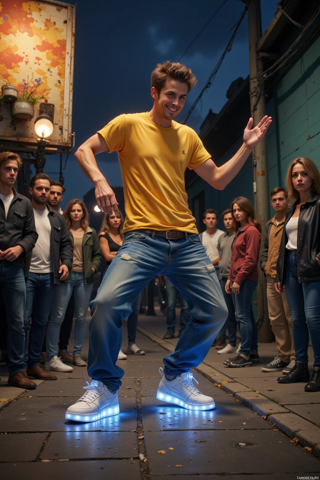 Realistic high quality photo. Male, 23, spiky light brown hair, bright blue eyes, friendly smile, wearing loose jeans, yellow tee, sneakers, dancing with glowing shoe lights at a dimly lit city corner beside a rusted billboard, onlookers wide‑eyed, urban alley, late evening.
