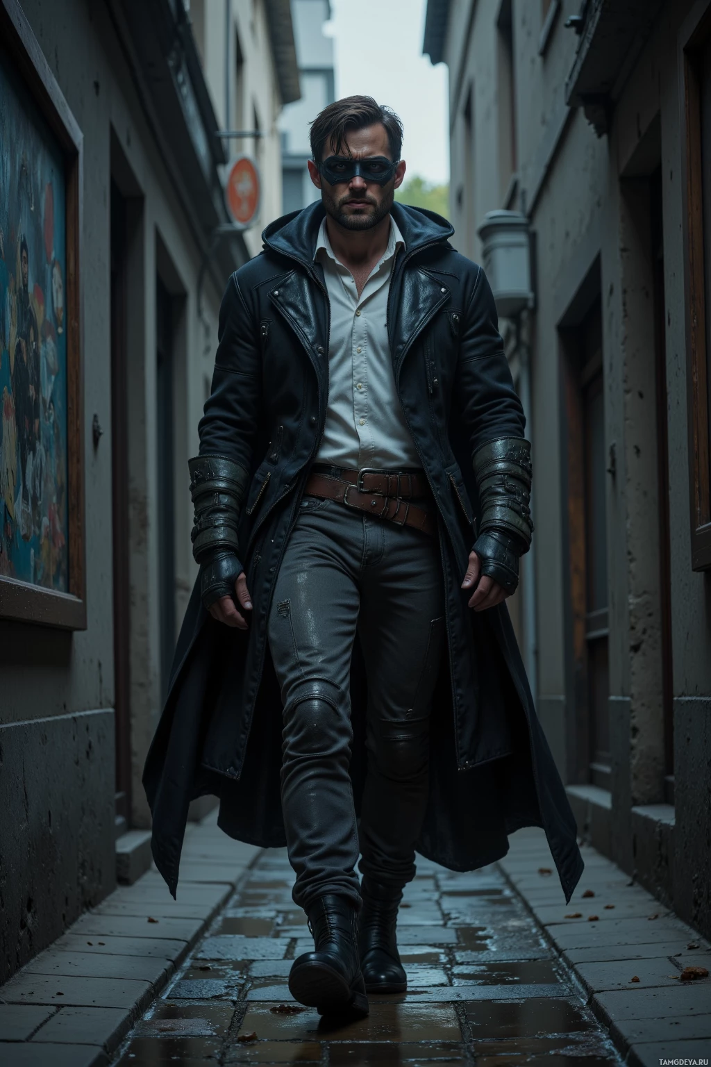 Realistic high quality photo. Tall 38‑year‑old male with dark hair, piercing green eyes, strong jawline, confident stance, wearing a black cloak with silver trim over a white shirt and rugged pants, black mask with a red stripe, walking through a dim concrete alley at night past a weathered billboard, muted gray light reflecting off rain‑slicked pavement, determination in his posture.