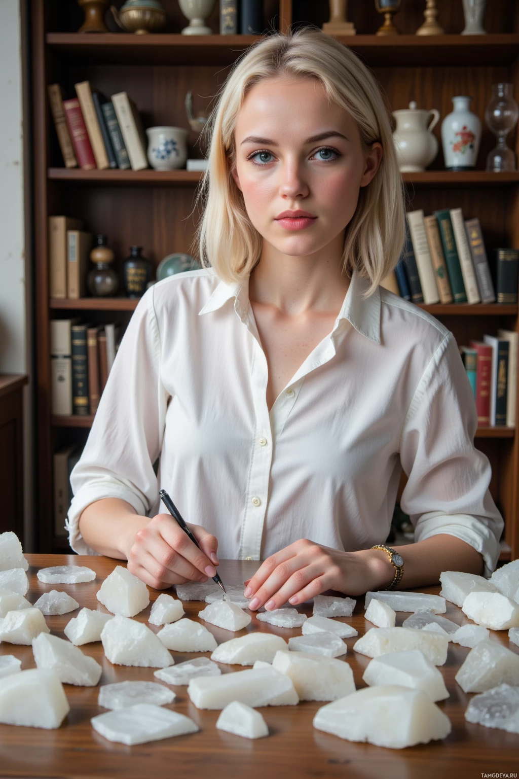 Realistic high quality photo. Elegant 28‑year‑old woman with platinum blonde hair, bright blue eyes, porcelain skin, wearing a simple white blouse and delicate gemstone jewelry, sits in a modern studio surrounded by shelves of old geology books, holding a camera lens and tracing veins of freshly cleaved quartz shards arranged in precise patterns on a wooden table, with soft lighting highlighting crystal facets.