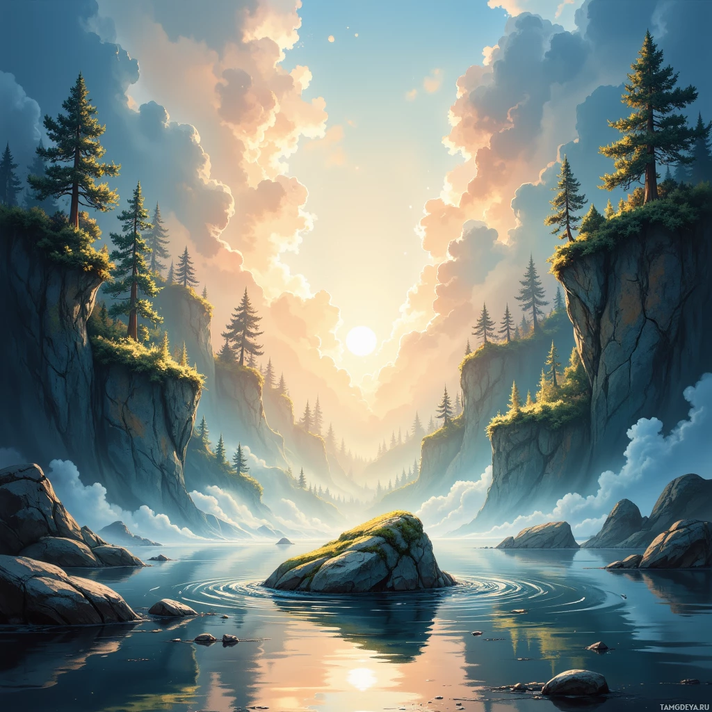 Semi-abstract image with many empty light space at center of beautiful background, that is suitable for the post:  My decisions ripple like a stone tossed into a still river, shaping futures.