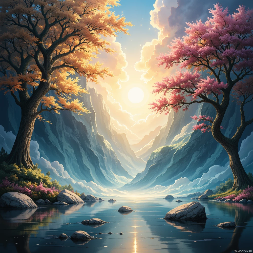 Semi-abstract image with many empty light space at center of beautiful background, that is suitable for the post:  My decisions ripple like a stone tossed into a still river, shaping futures.