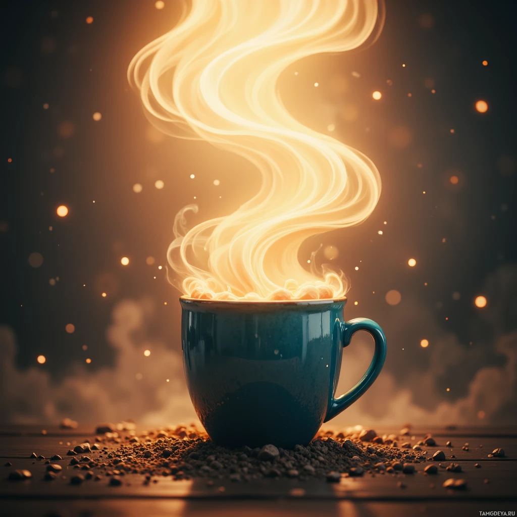 Semi-abstract image with many empty light space at center of beautiful background, that is suitable for the post:  The coffee mug's steam curls like a disgruntled ghost, complaining about the lack of daylight.