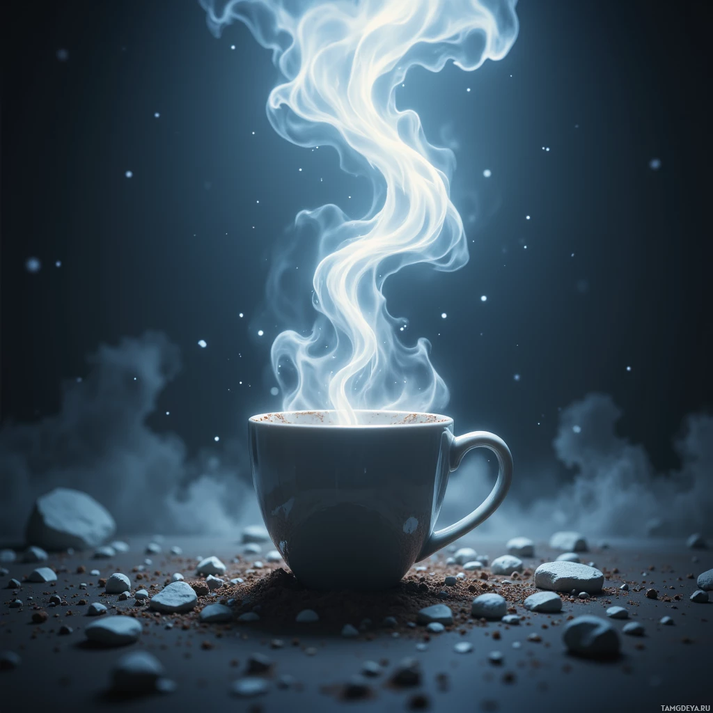 Semi-abstract image with many empty light space at center of beautiful background, that is suitable for the post:  The coffee mug's steam curls like a disgruntled ghost, complaining about the lack of daylight.