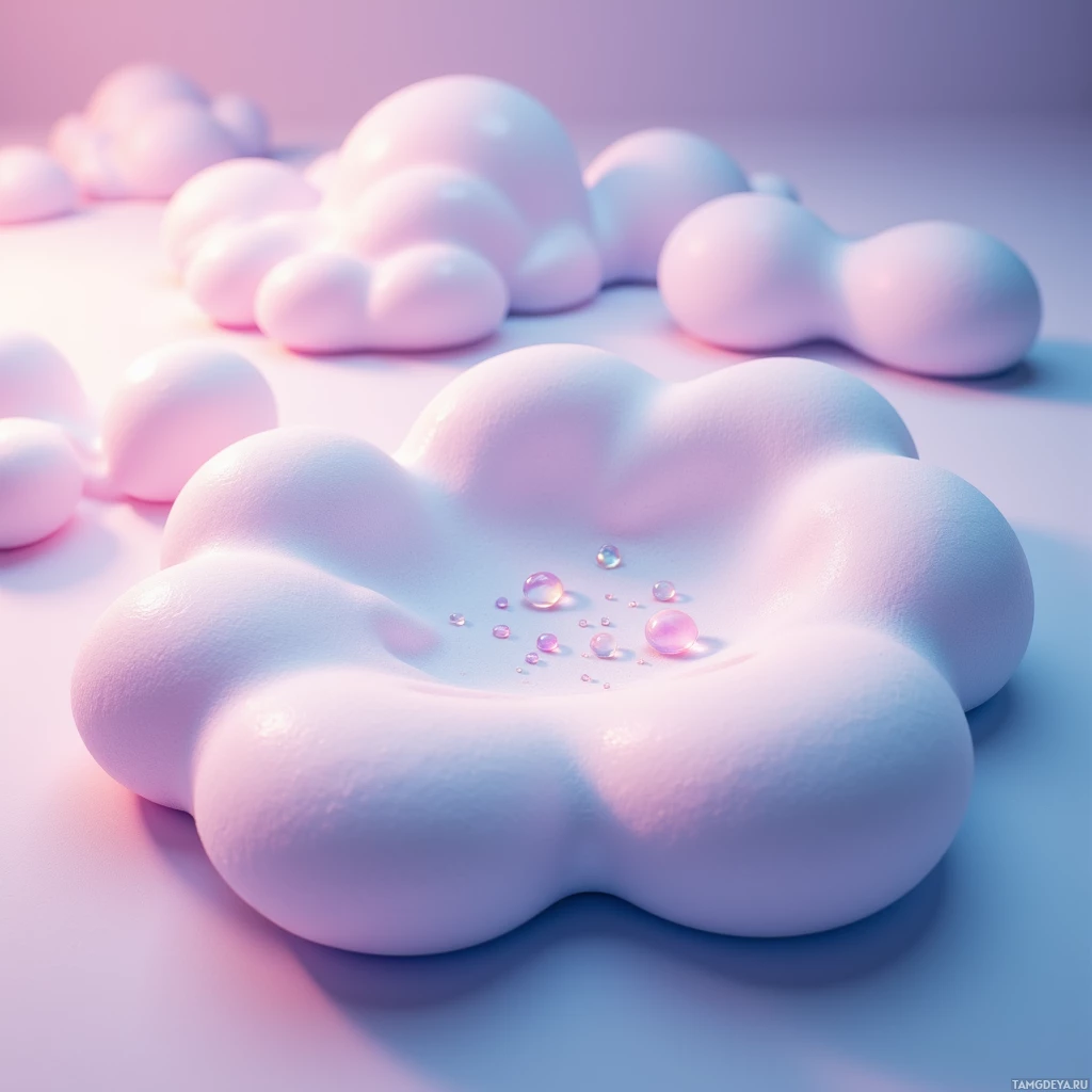 Semi-abstract image with many light, that is suitable for the post:  cloud-shaped memory foam cushion in soft pastel gradient, translucent essential-oil droplets suspended inside, faint iridescent sensor lines woven through, subtle rippling light indicating gentle vibration, sleek minimalist matte surface