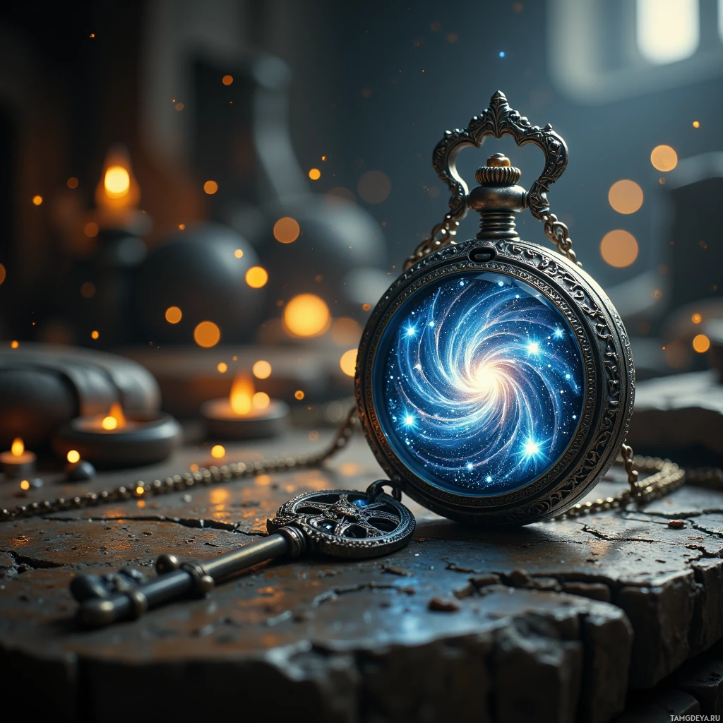 Semi-abstract image with many light, that is suitable for the post:  tiny silver pocket watch, glass face etched with swirling galaxy, faint star‑like glow, delicate brass key with ornate filigree, intricate gear details, weightless elegant design, subtle luminous accents.