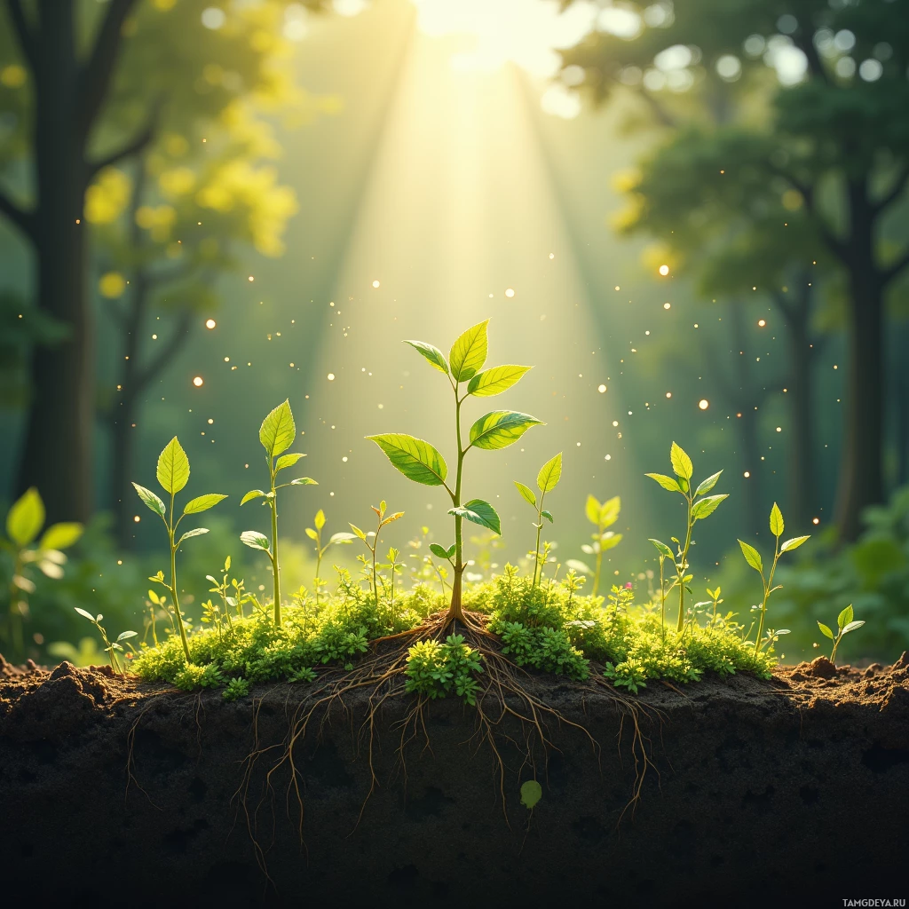 Semi-abstract image with many empty light space at center of beautiful background, that is suitable for the post:  The seedlings whisper equations, and I organize their roots like a quiet symphony.