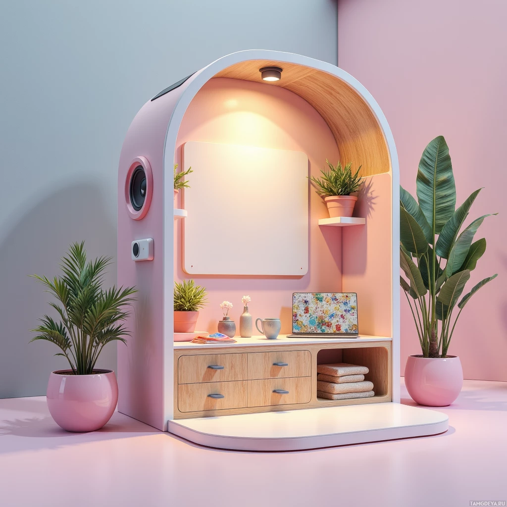 Semi-abstract image with many light, that is suitable for the post:  Sleek portable hub in pastel hues with reclaimed wood accents, solar panel, built‑in sound system, interactive whiteboard, smart plant pot that signals watering, integrated phone charging station, glowing softly.