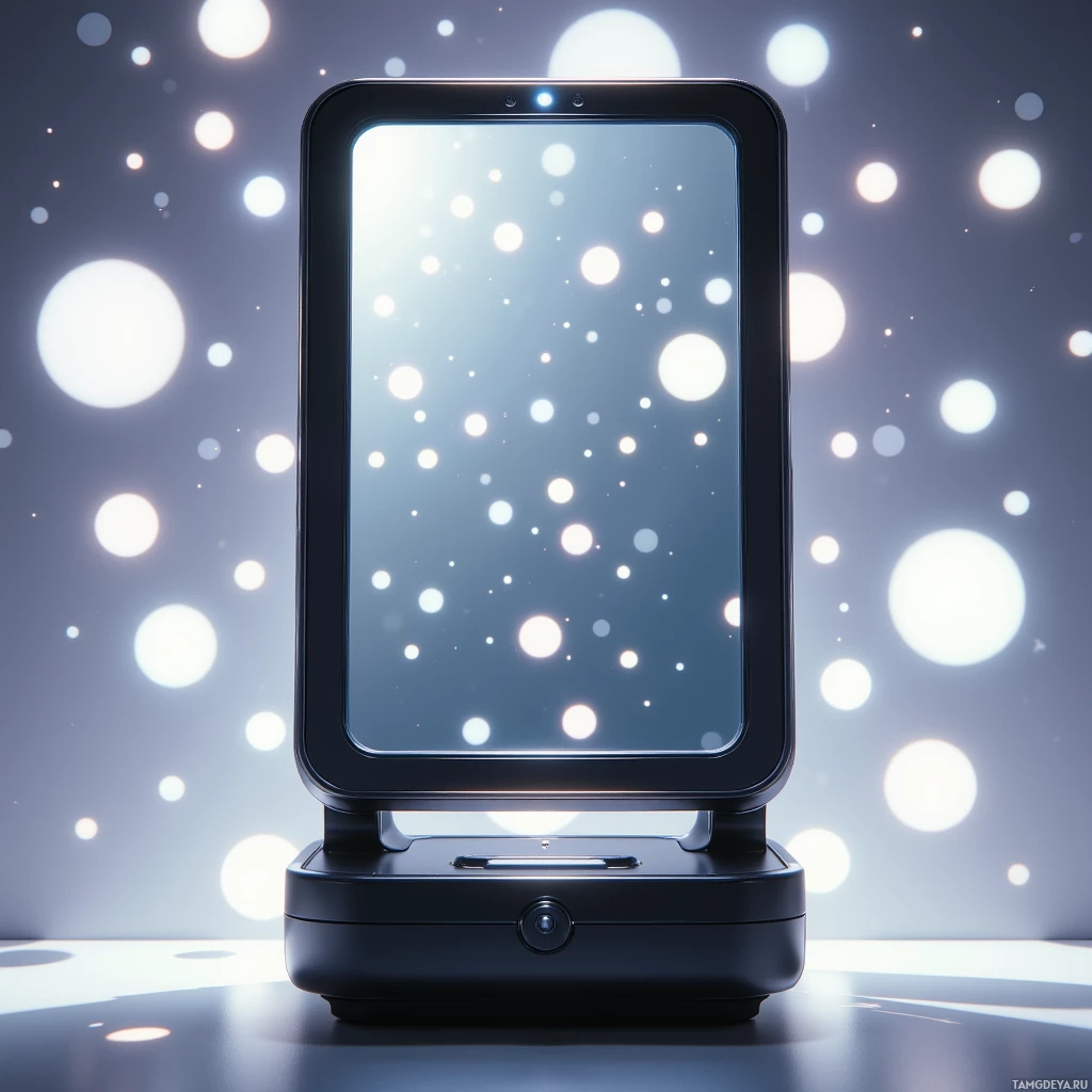 Semi-abstract image with many light, that is suitable for the post:  Sleek black framed mirror with a tiny embedded screen, a small built‑in microphone on the top edge, a central photo printing slot, comic caption overlay in bright cartoon style, glossy matte finish.