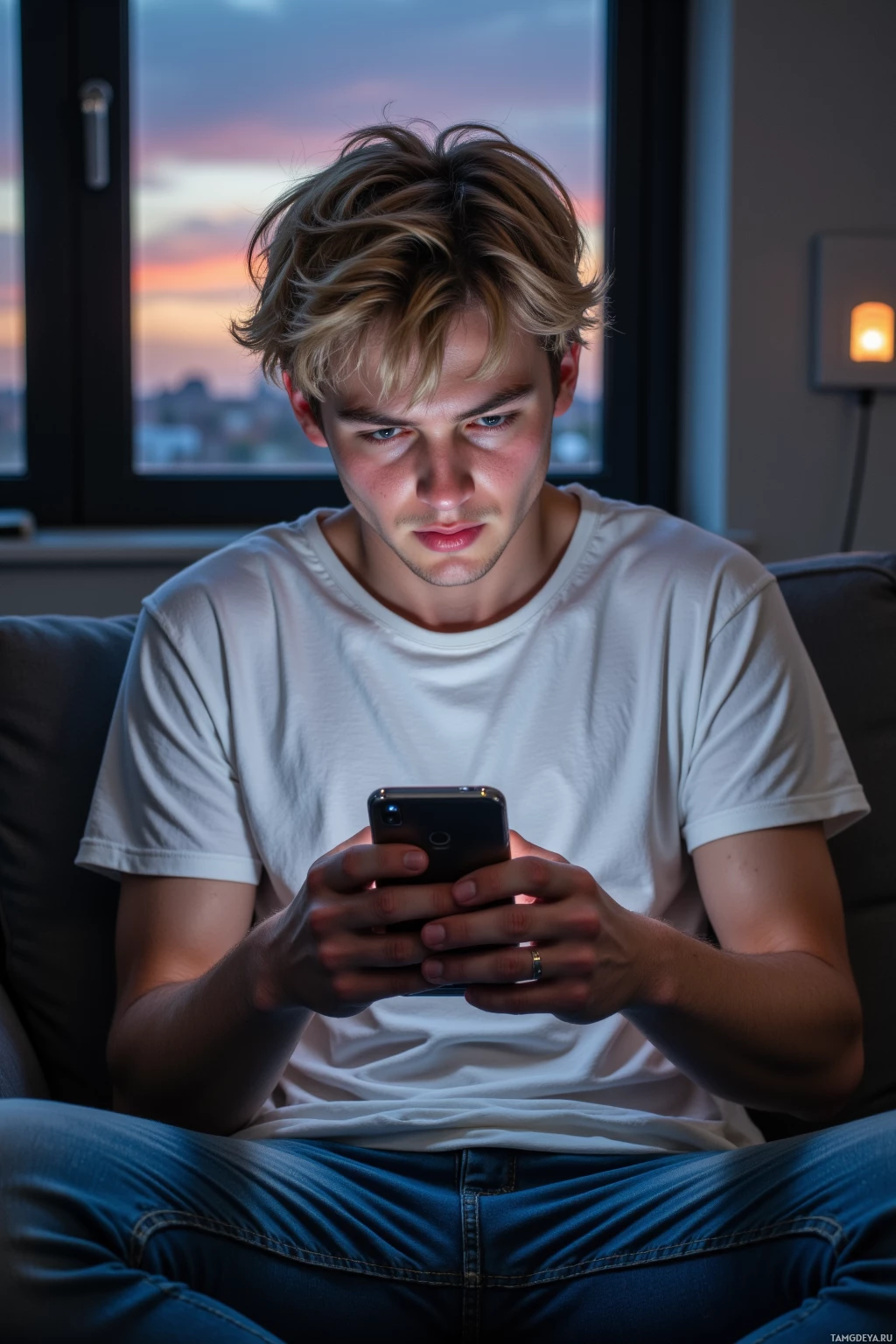 A young man sits on a couch, looking at his phone with a window showing a sunset in the background.