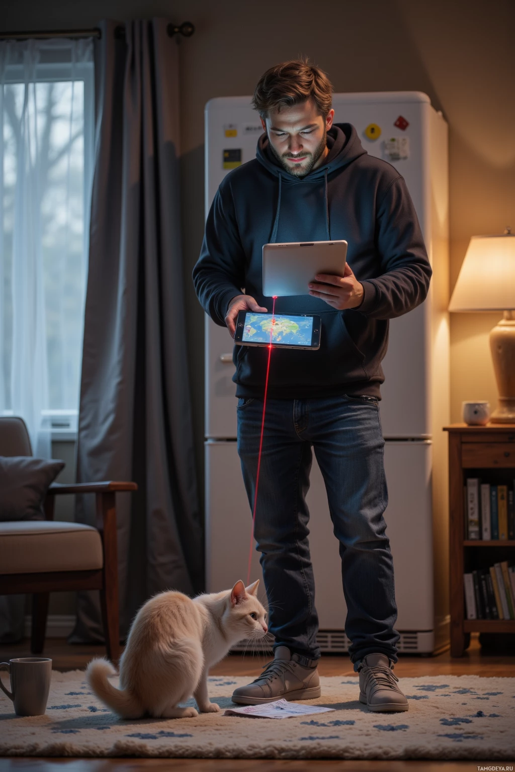 A man stands in a cozy room holding a tablet with a laser pointer, while a cat sits on the floor observing.