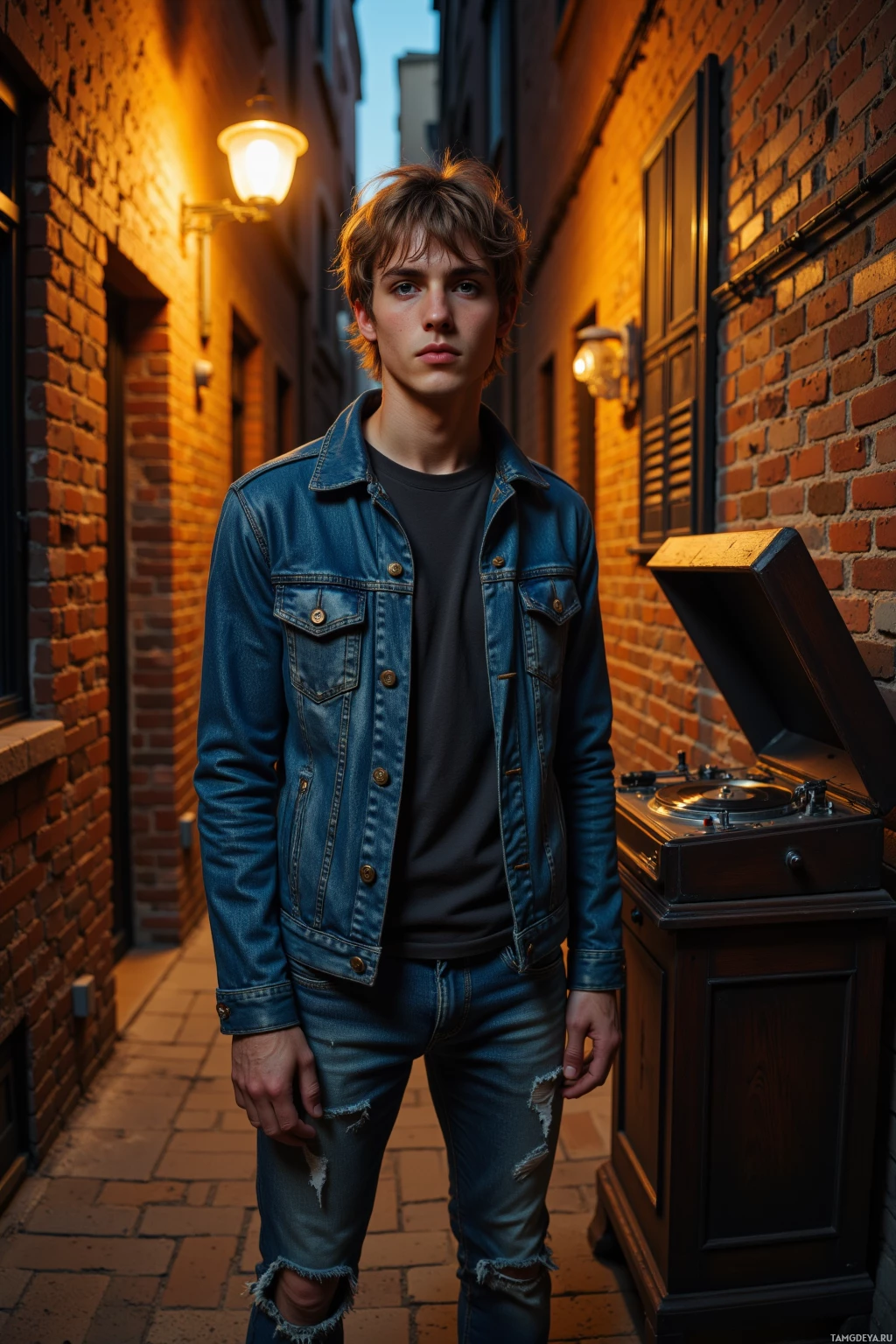 A young man stands in a narrow alleyway at dusk, wearing a denim jacket and jeans, with a vintage record player in the background.