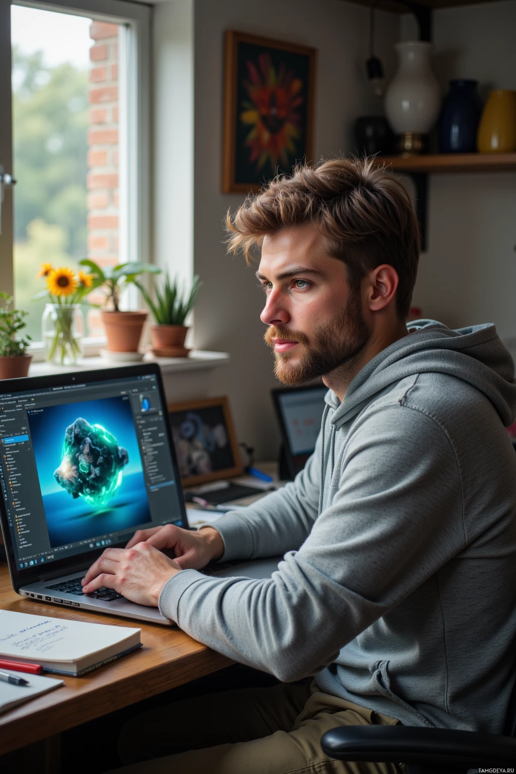 A man sits at a desk working on a laptop in a cozy room with plants and artwork.