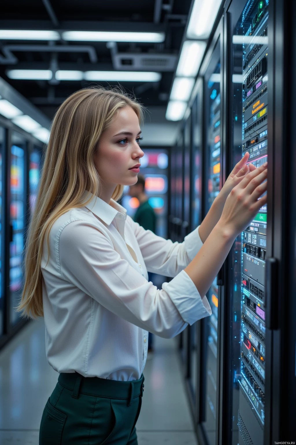 A woman in a white shirt and green pants is interacting with a server in a data center.