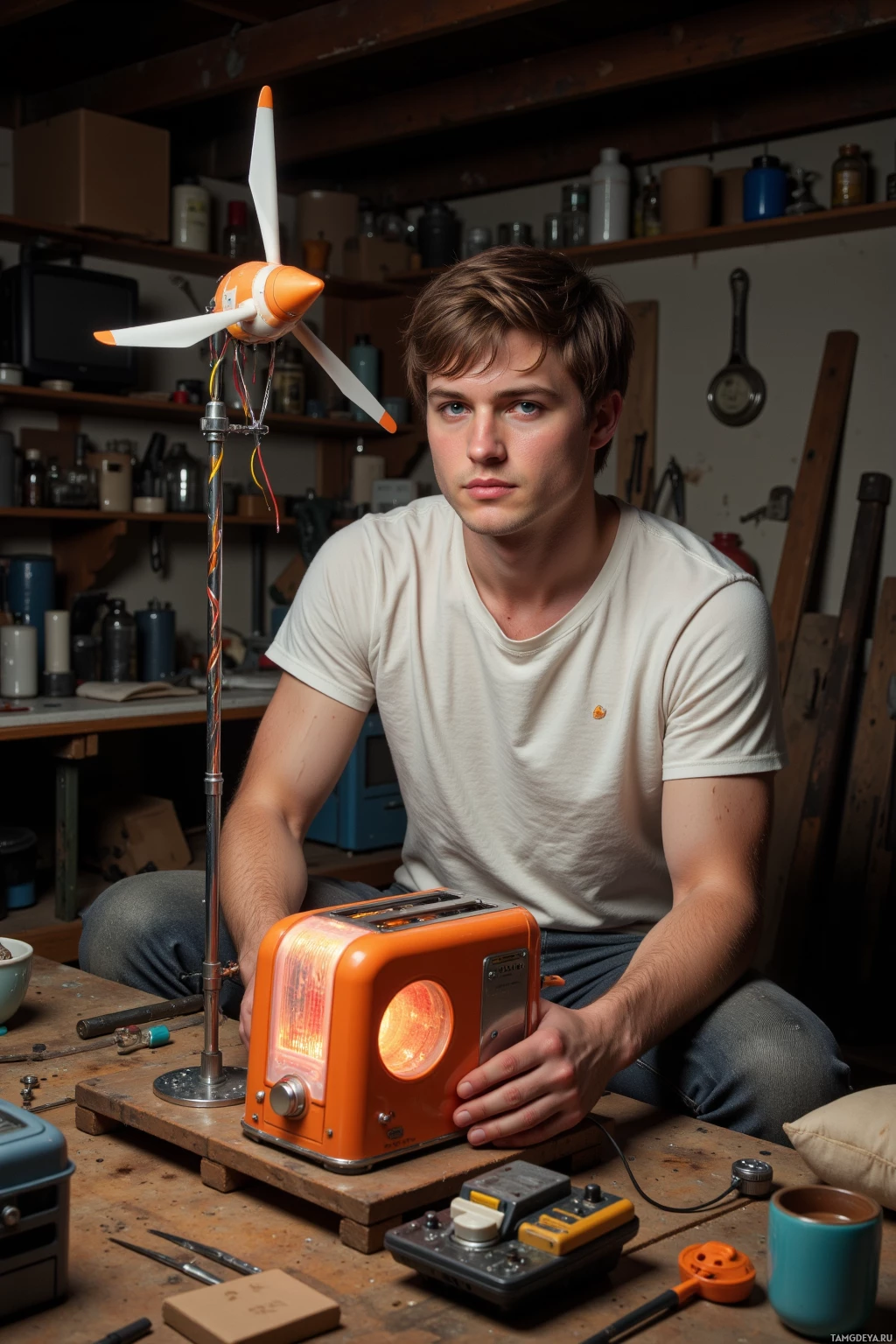 A person in a workshop setting holds an orange toaster with a propeller attached to it.