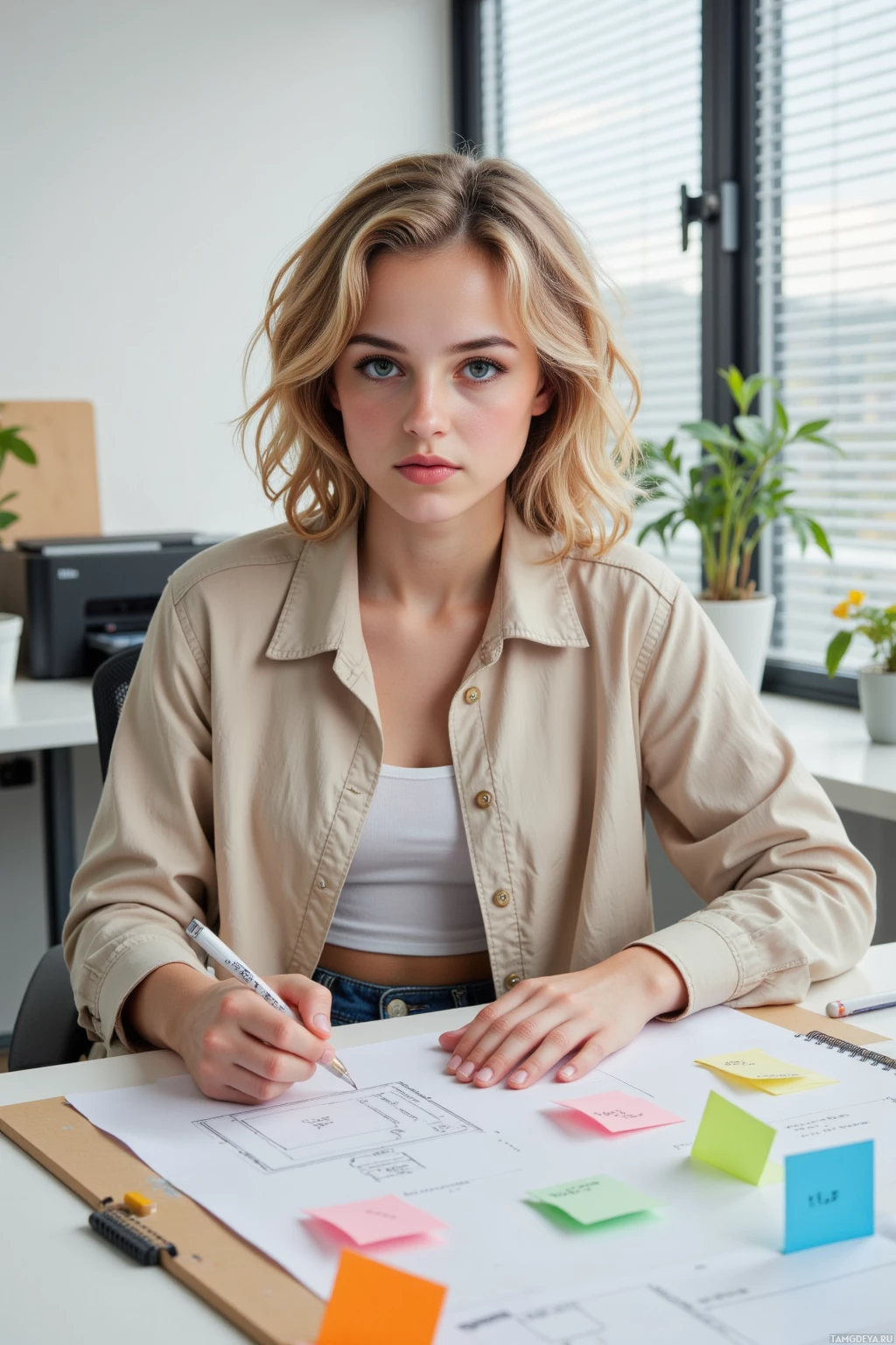 A woman sits at a desk in an office, holding a pen and looking at a diagram on paper.