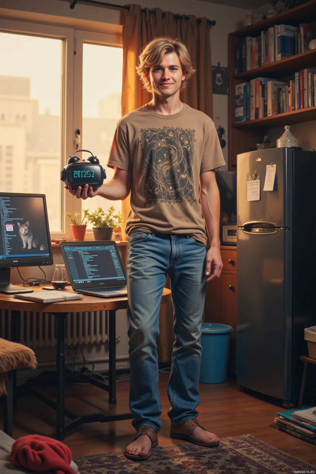 A young man stands in a cozy room holding a digital clock, with a laptop and monitor displaying code on a desk behind him.