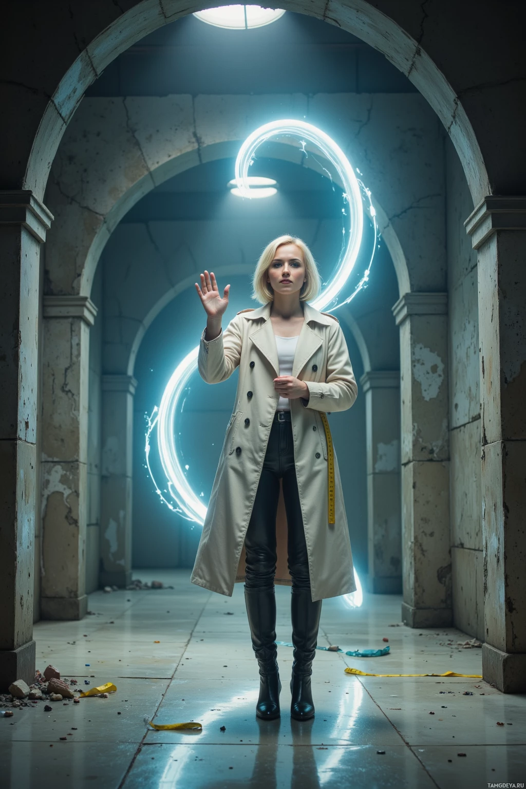 A woman stands in an archway with a glowing circular light behind her, wearing a trench coat and leather pants.