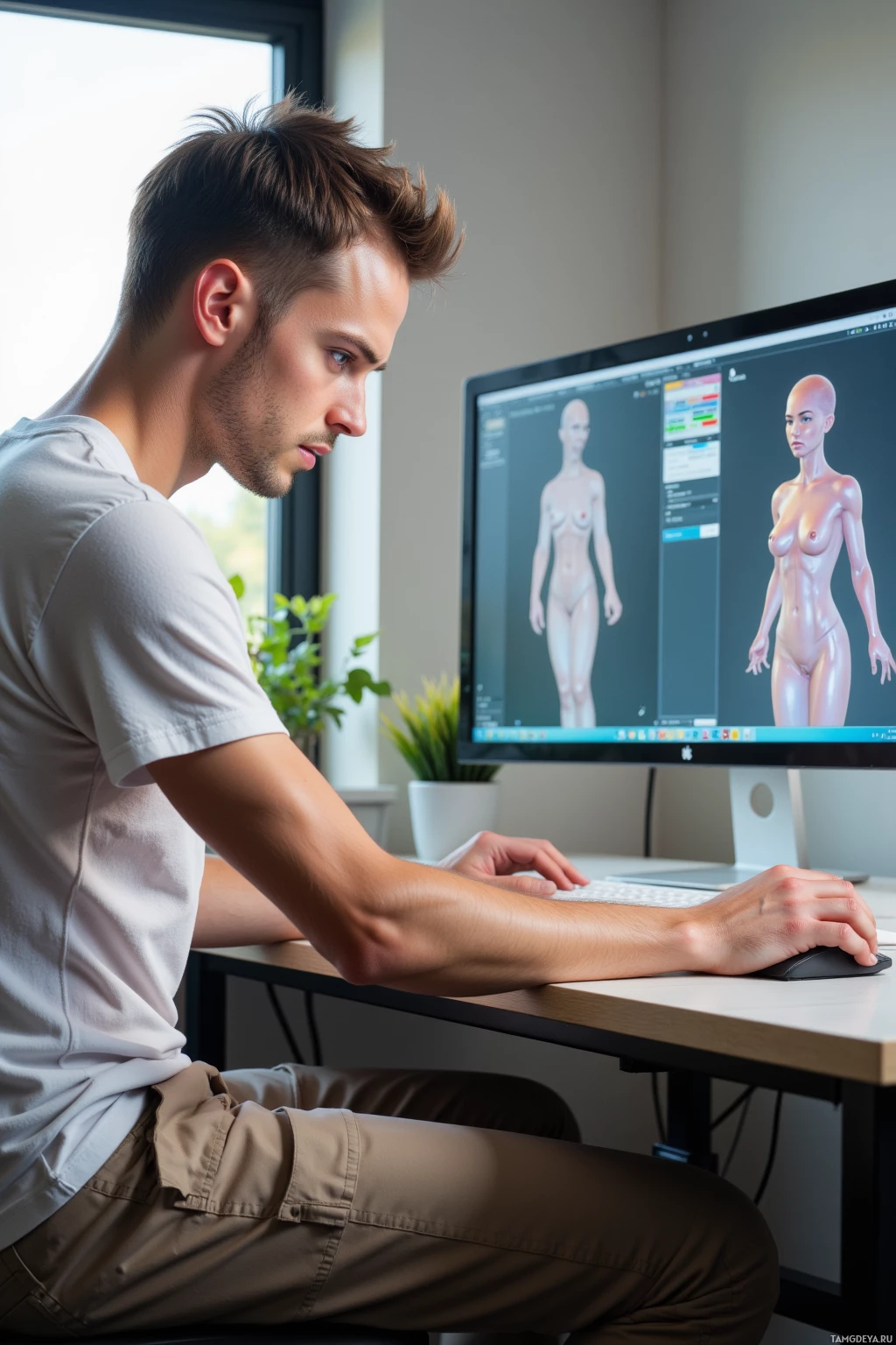 A person is working on a computer, focusing on a 3D model of a human figure displayed on the screen.