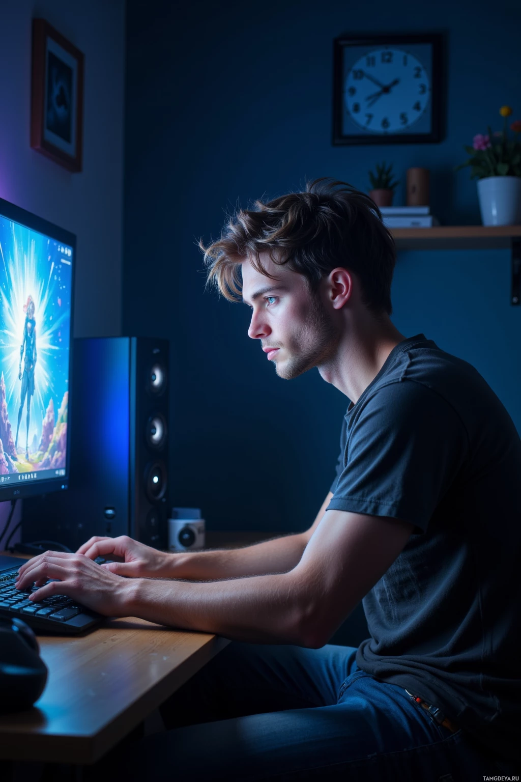 A person is sitting at a desk, working on a computer in a dimly lit room.