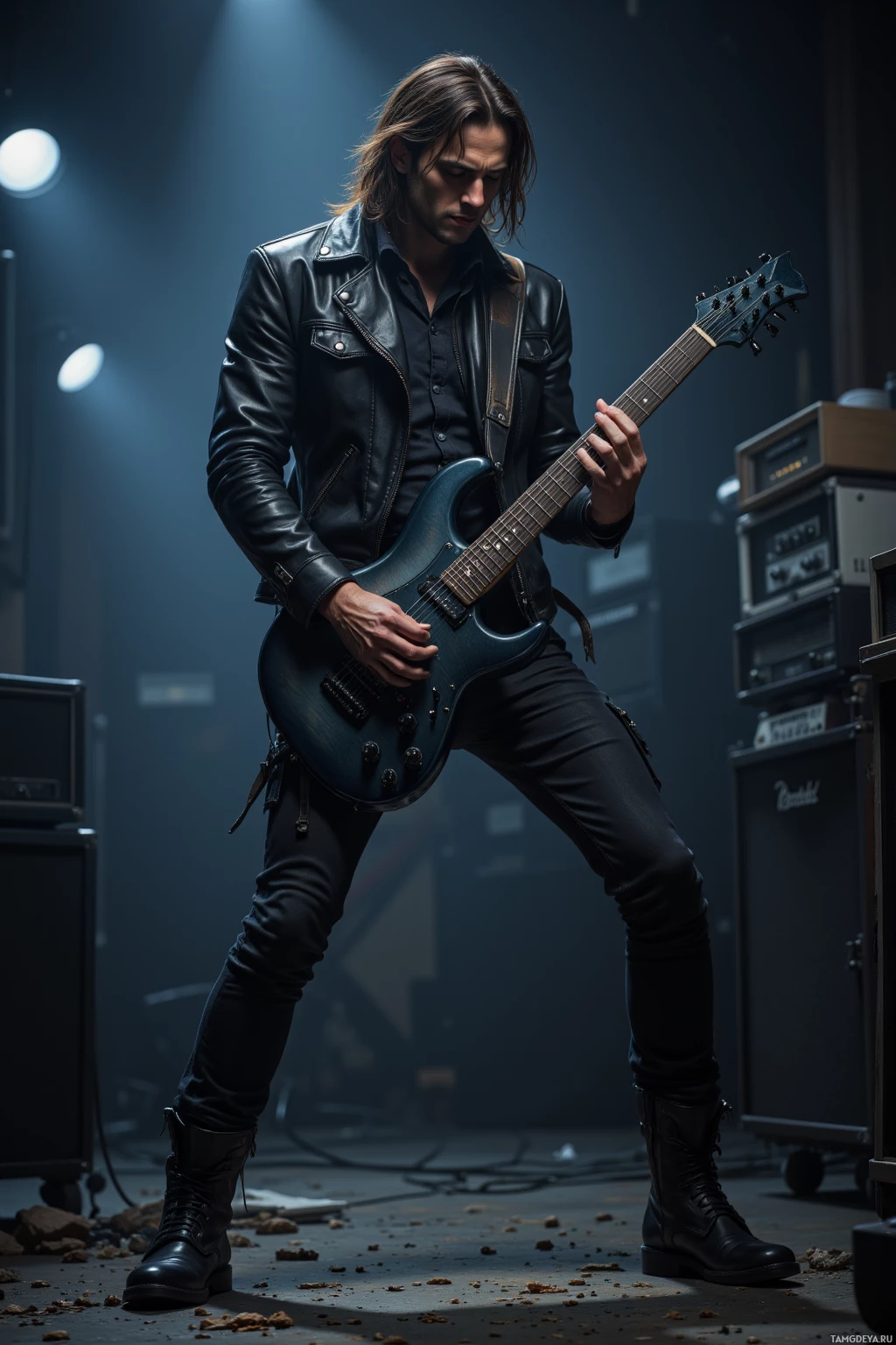 A musician in a leather jacket plays an electric guitar on stage under dramatic lighting.