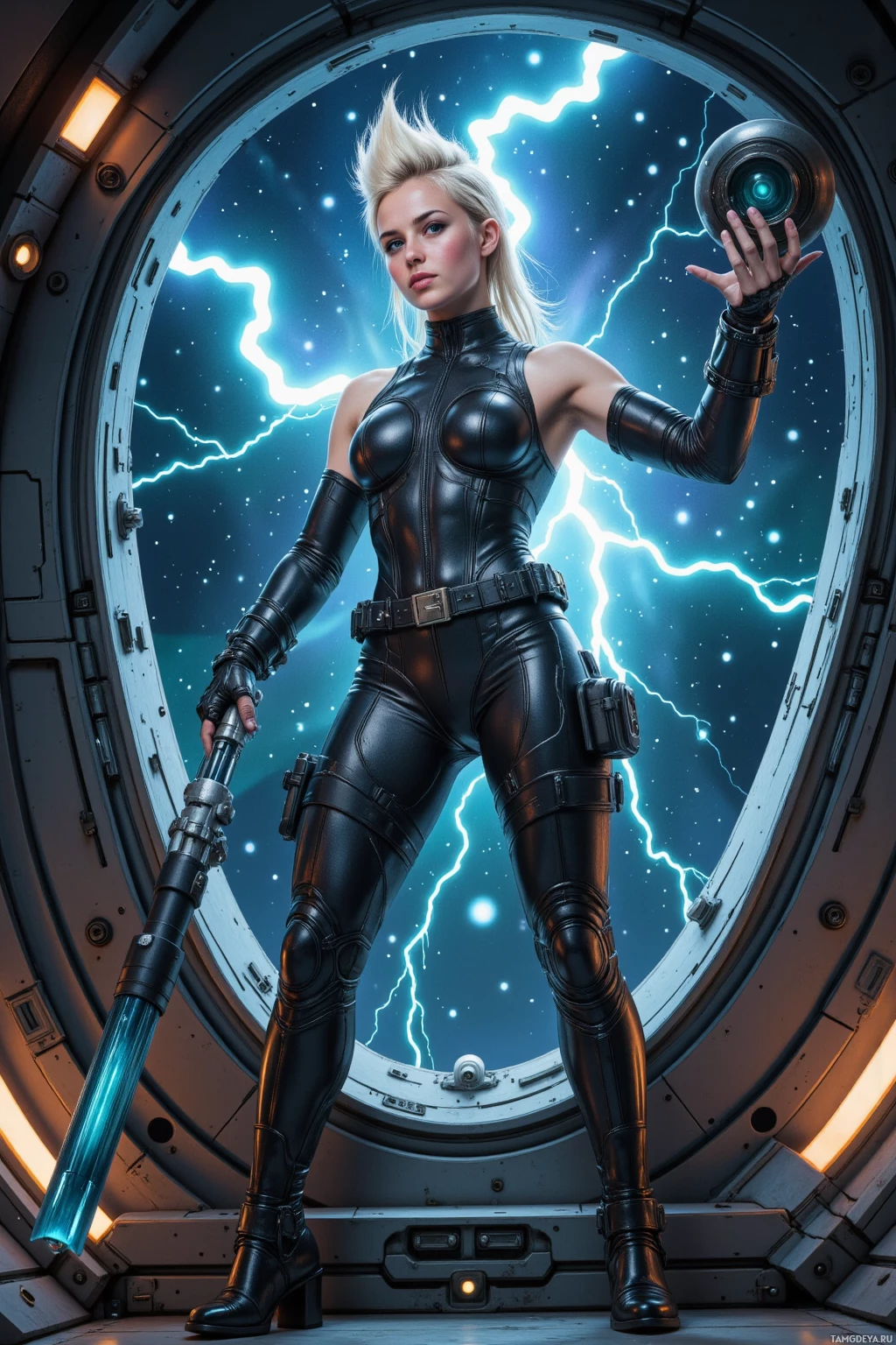 A futuristic woman in a black leather suit stands inside a spaceship, holding a glowing object.
