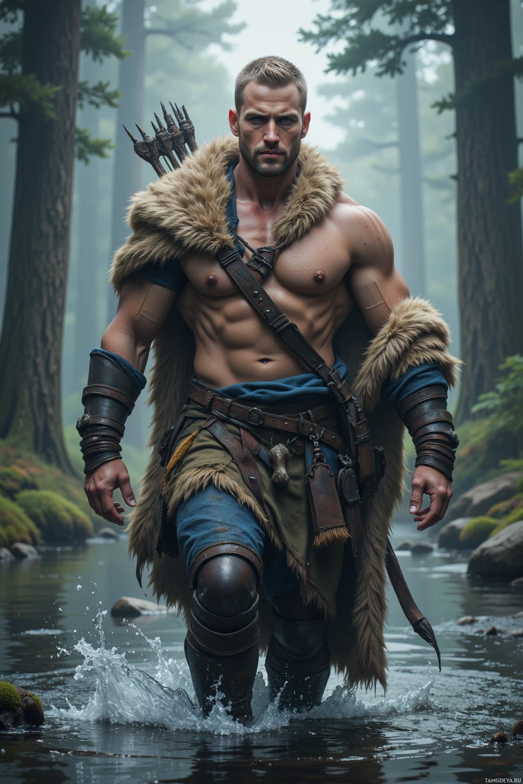 A muscular man in a fur cloak and leather armor wades through a shallow stream in a forest.