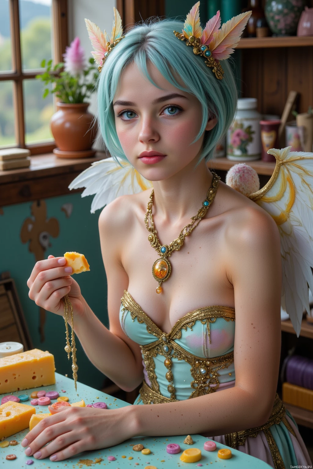 A person with pastel-colored hair and wings, wearing a detailed costume, holds a piece of cheese.