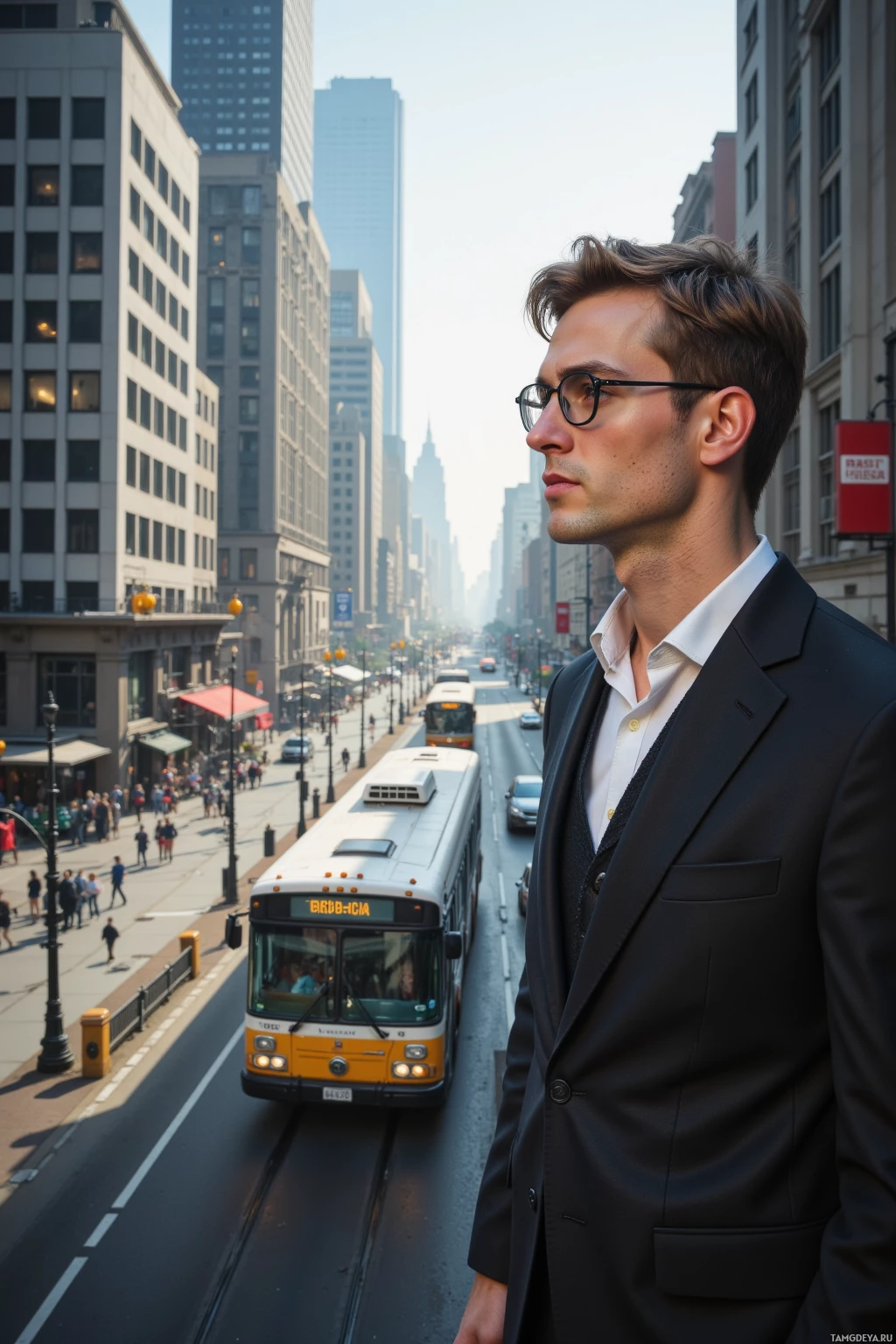A man in a suit stands on a city street, gazing into the distance.